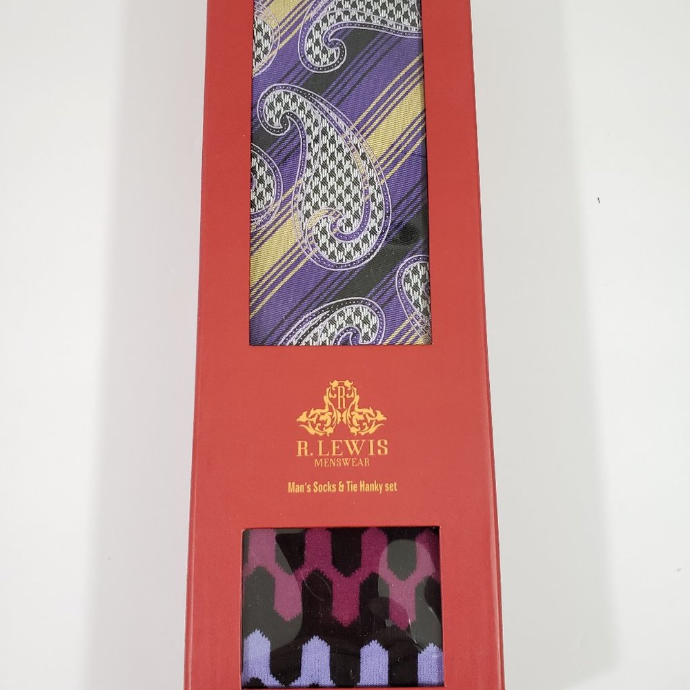 Robert Lewis Purple Necktie Hanky Socks Box 3 Set - Picture 6 of 7
